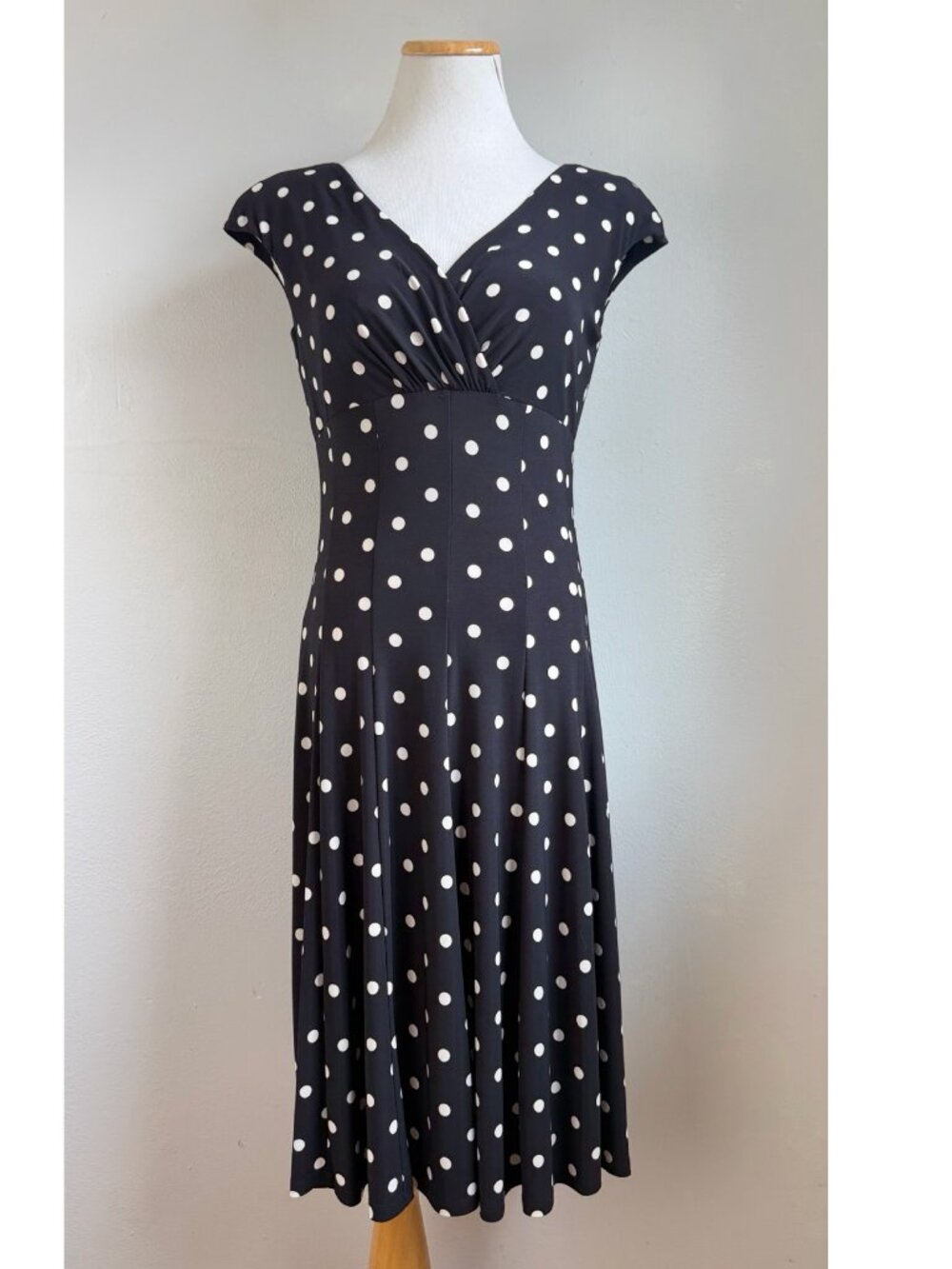 Lauren Ralph Lauren Dress Size 4 Polka Dot Print Stretch Knit Black/Cream